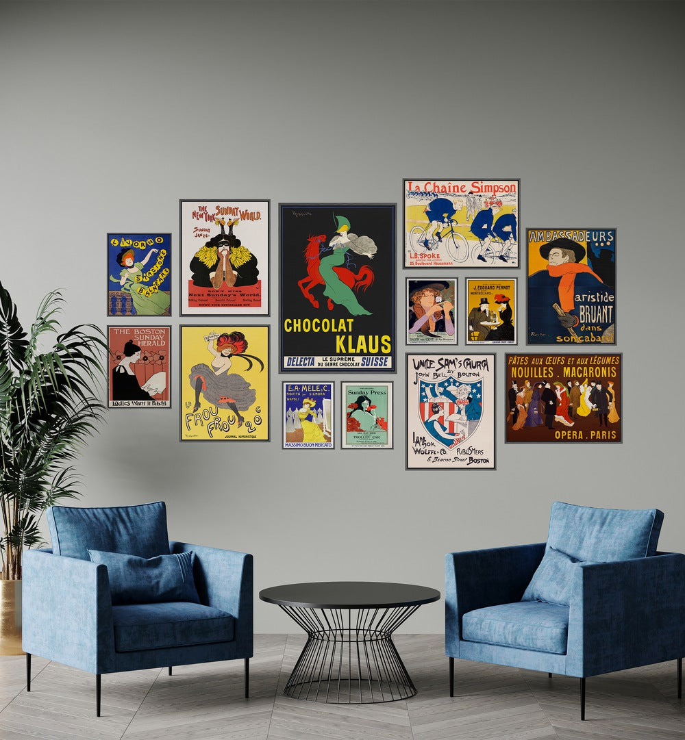 Curated Vintage Era Gallery Wall featuring vibrant Art Nouveau posters, perfect for stylish gallery walls in modern homes.