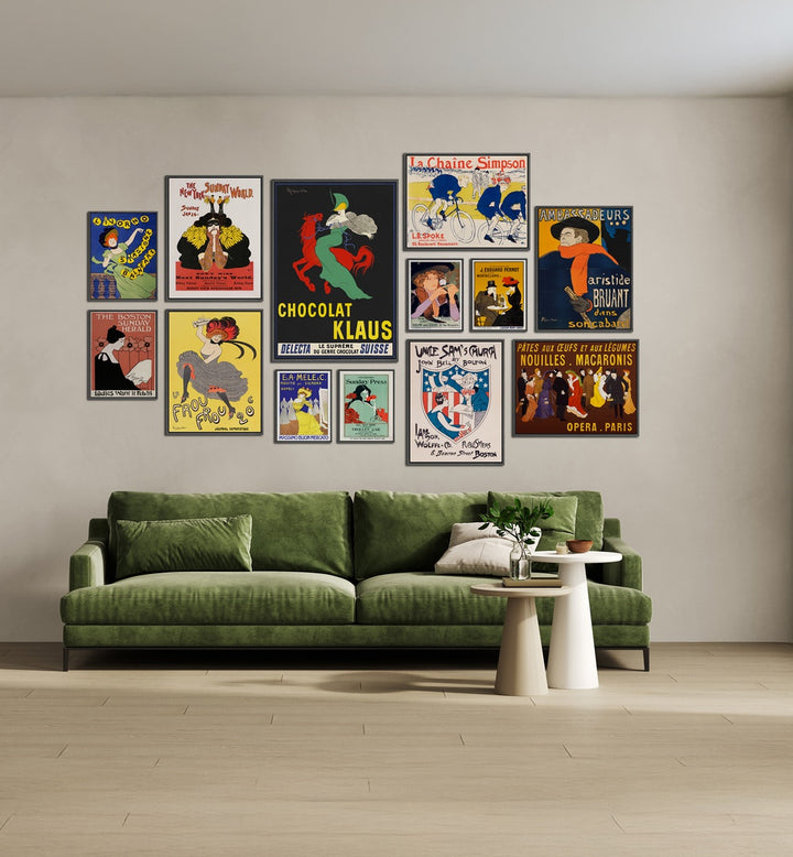 VINTAGE ERA GALLERY WALL showcases vibrant Art Nouveau prints, perfect for stylish gallery walls in modern living rooms.