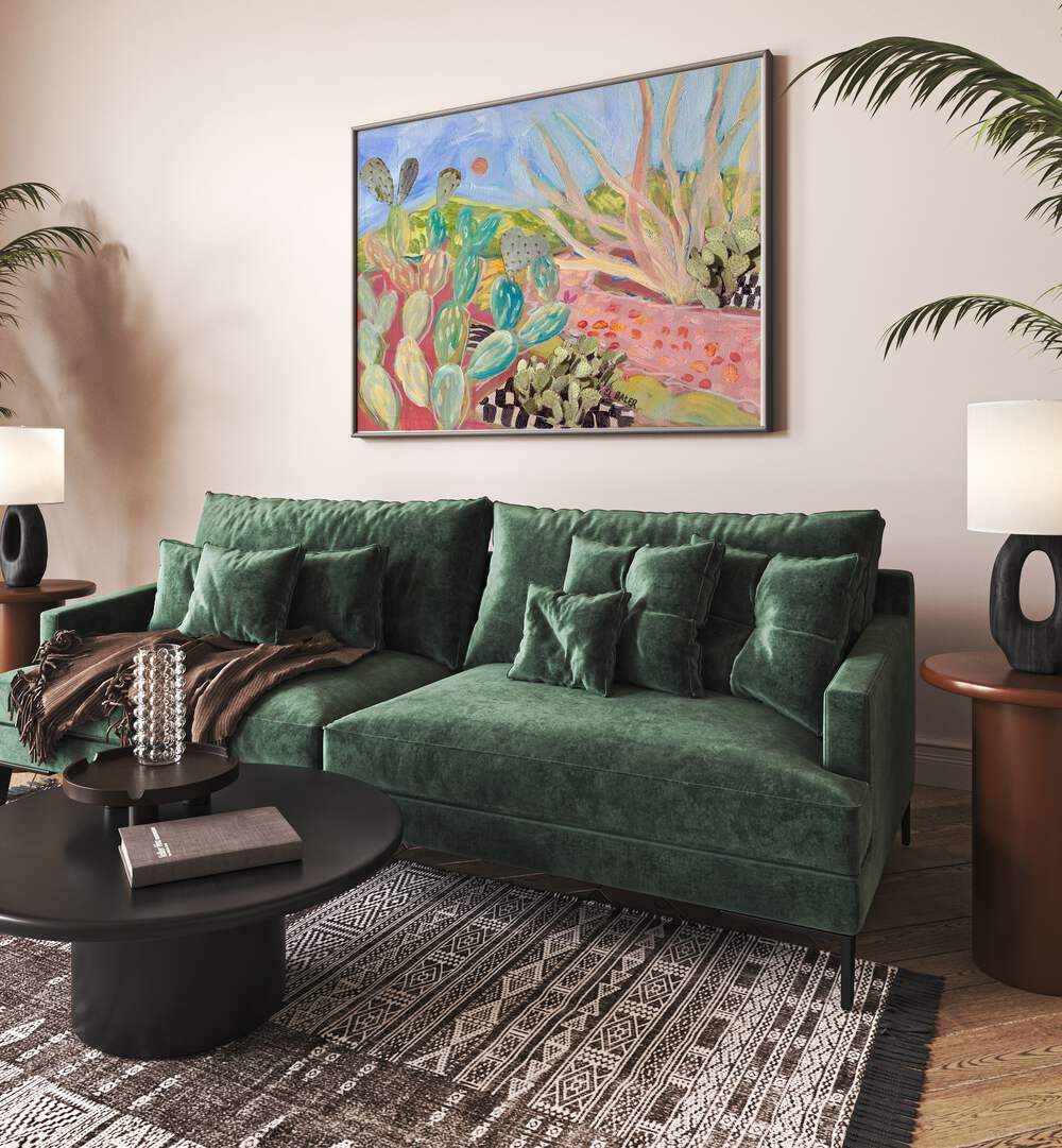 Vibrant PRICKLY PEAR CACTUS, LANDSCAPE PAINTINGS enhance modern interiors with desert-inspired beauty.