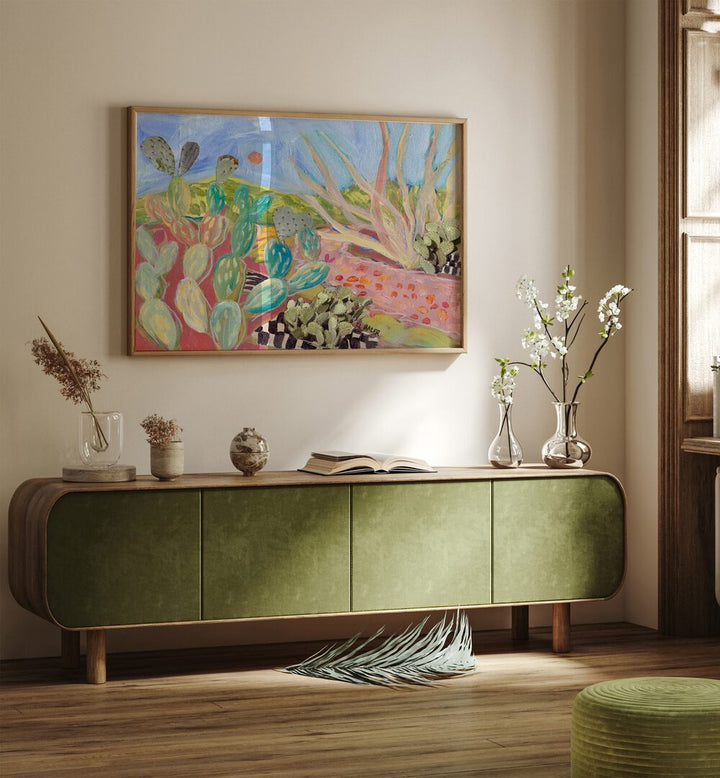 Vibrant PRICKLY PEAR CACTUS, LANDSCAPE PAINTINGS enhancing a modern living space with desert-inspired art.