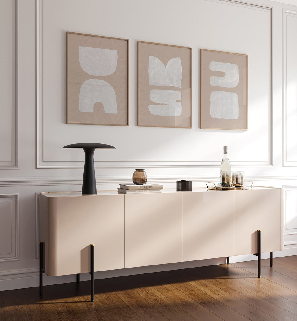 Stylish modern decor featuring the VINTAGE TERRA TRIO SET, SET OF 3 PAINTINGS, perfect for any elegant living space.