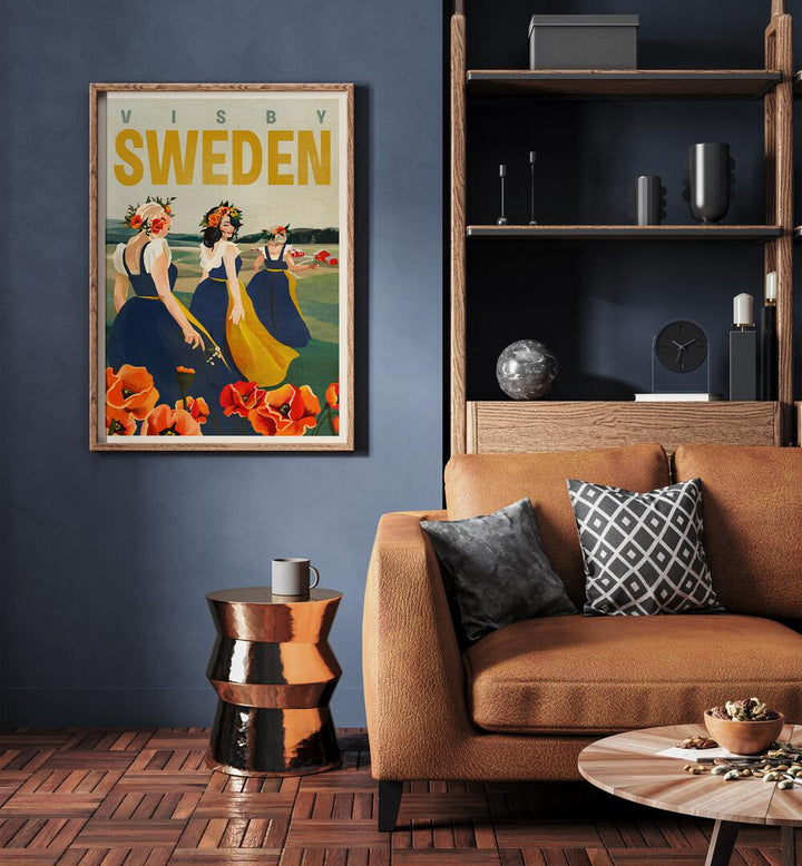 Visby Sweden Flower Girls travel poster showcasing vibrant illustrations of women in floral attire, perfect for decor.