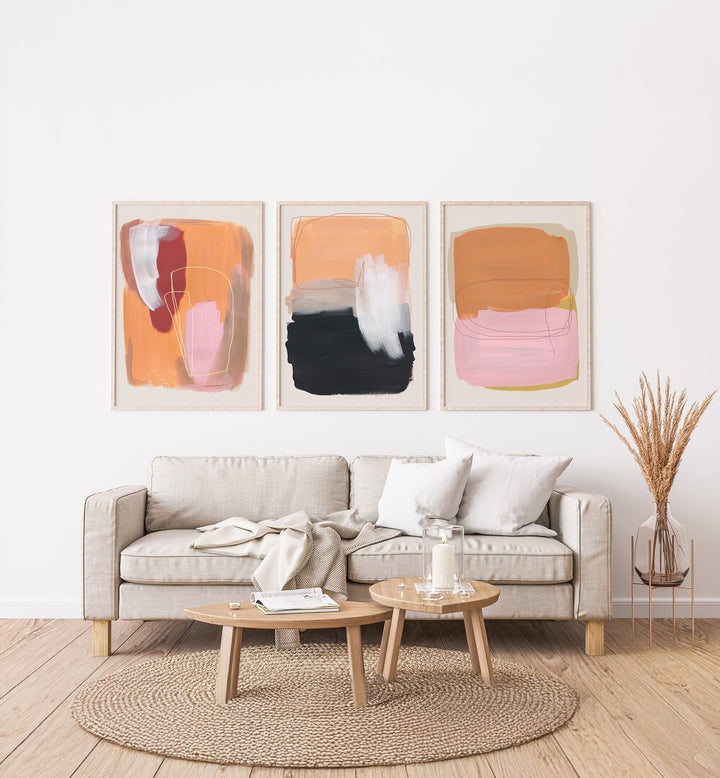 VIVID ESSENCE STROKES SET, SET OF 3 PAINTINGS adds color and energy to any contemporary living space.