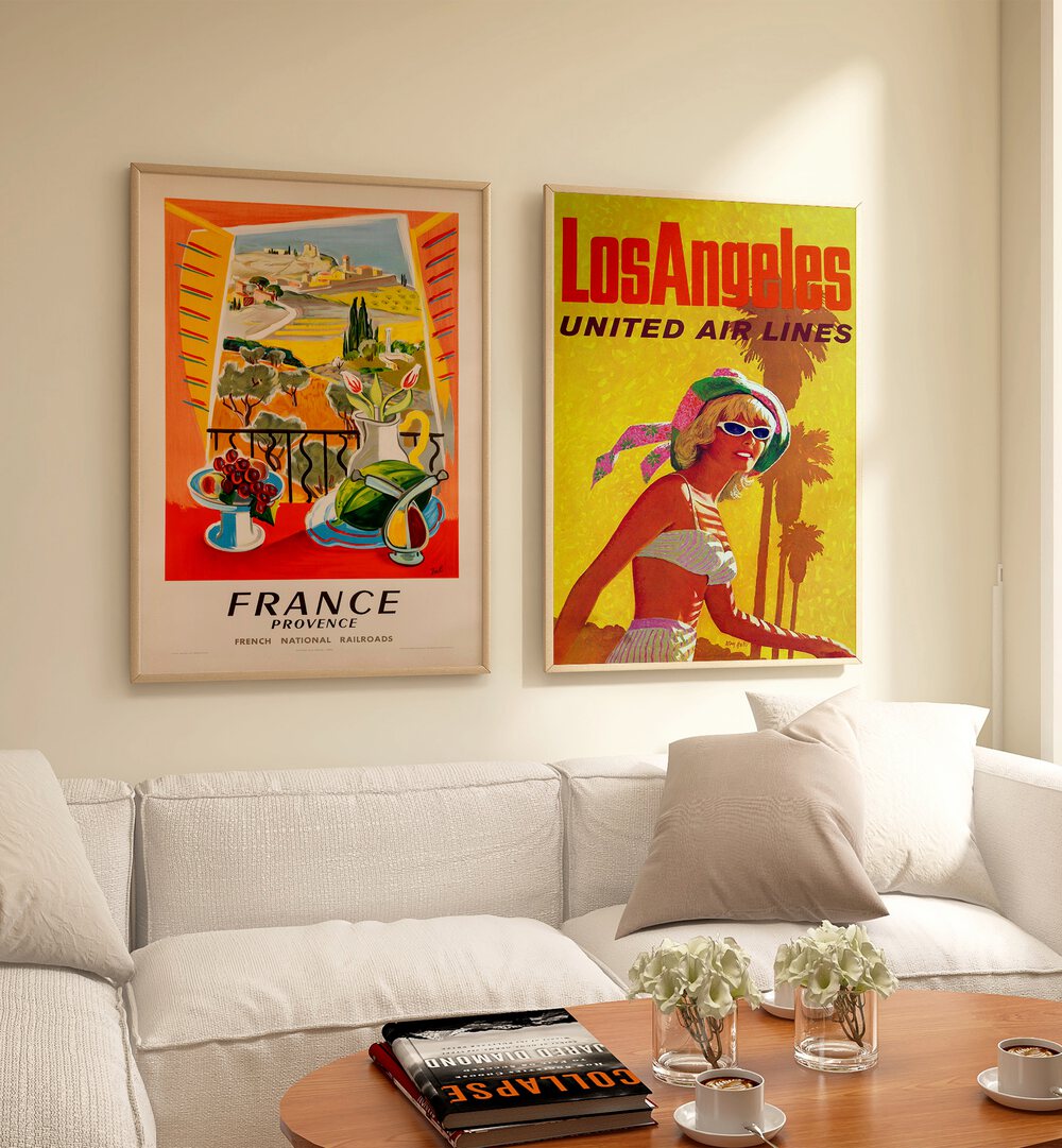 Stylish living room featuring a VINTAGE TRAVEL ART GALLERY WALL, GALLERY WALLS with iconic travel posters for wanderlust.