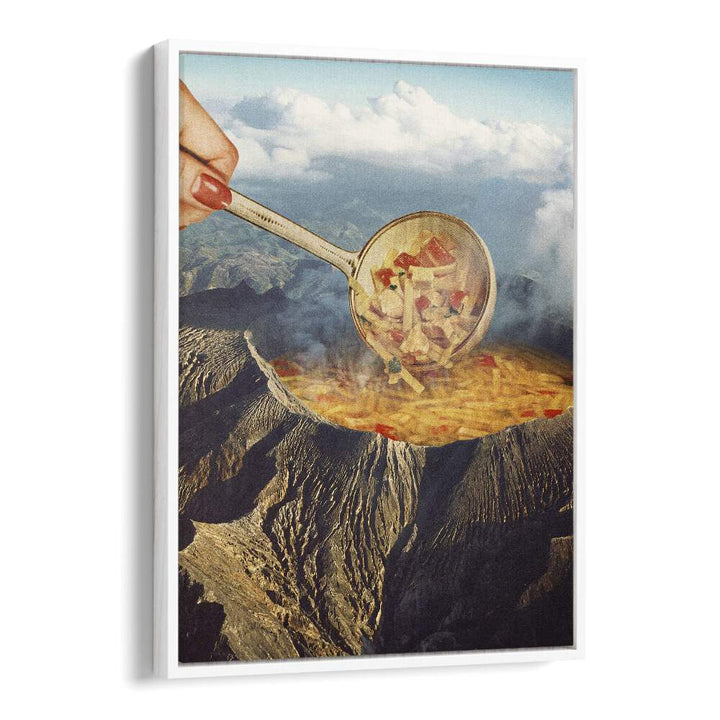 Surreal art featuring a volcanic noodle soup scene, perfect for unique decor by Vertigo Artography.