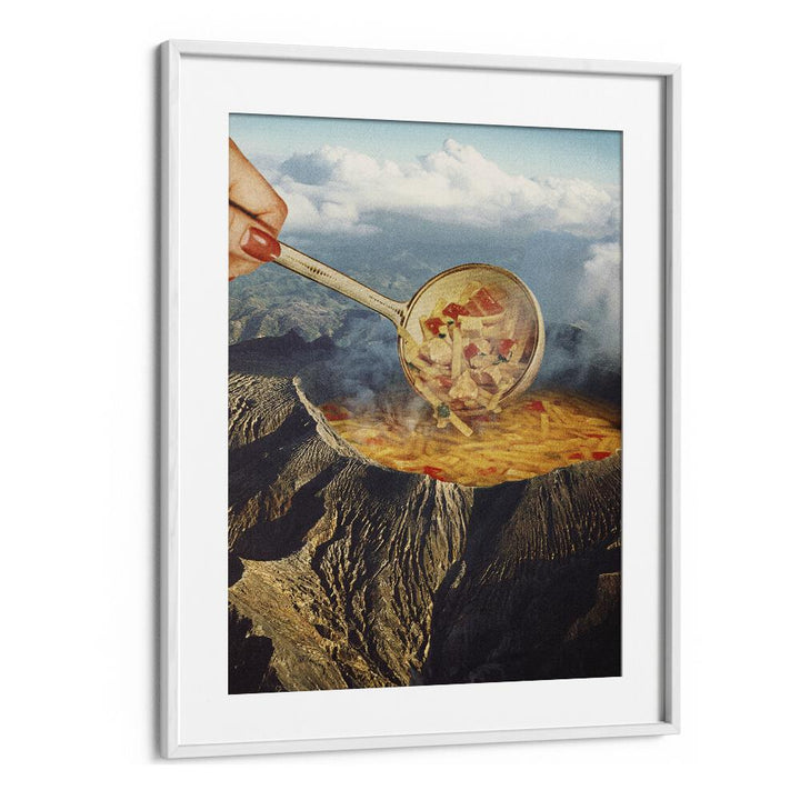 Surreal art featuring a volcanic noodle soup scene, ideal for enhancing your space with VOLCANIC NOODLE SOUP SURREAL PAINTING, SURREAL ART.