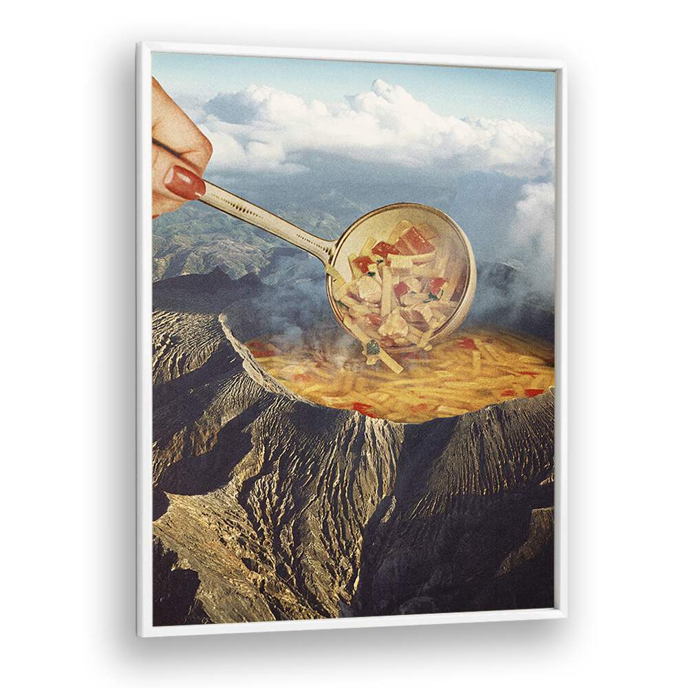 Surreal art featuring a volcanic noodle soup scene, showcasing the VOLCANIC NOODLE SOUP SURREAL PAINTING by Vertigo Artography.