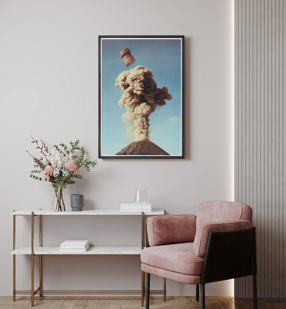 Elevate your decor with VOLCANIC POP, SURREAL ART PRINTS by Vertigo Artography, featuring a whimsical champagne eruption.