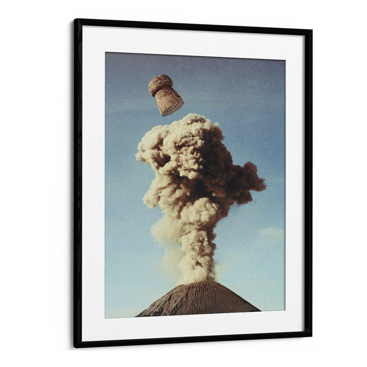 Captivating VOLCANIC POP, SURREAL ART PRINTS featuring a champagne cork erupting from a volcano by Vertigo Artography.