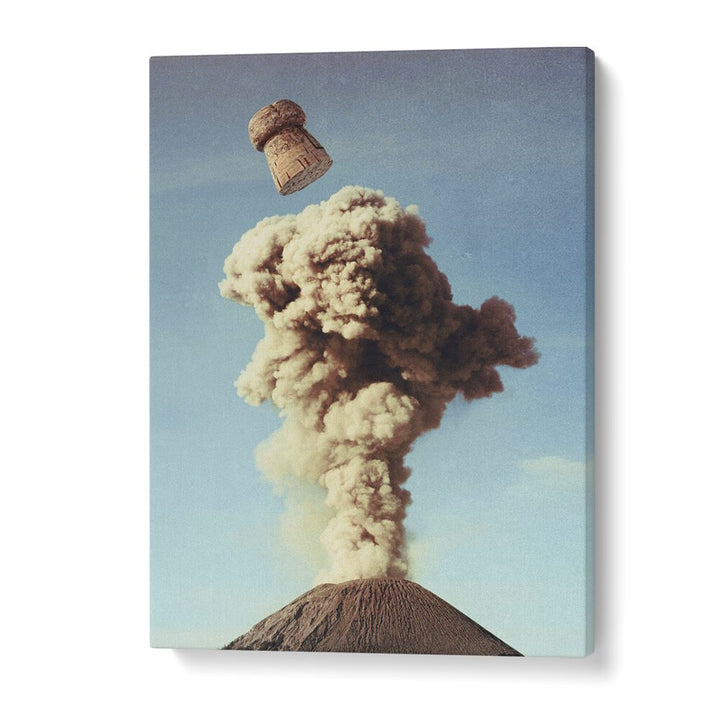 Surreal art print "VOLCANIC POP" captures a champagne cork amidst a volcanic eruption, perfect for any room.