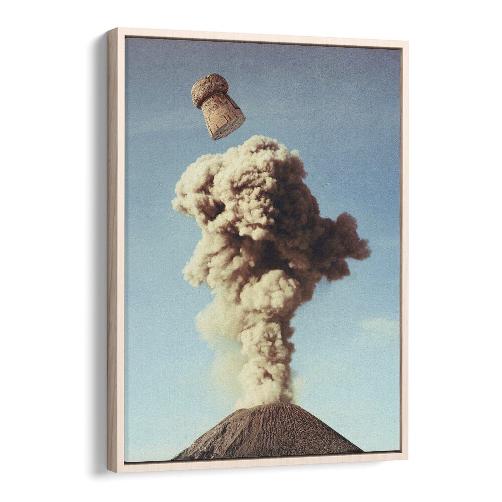 Elevate your space with VOLCANIC POP, SURREAL ART PRINTS showcasing a champagne bottle amidst a volcanic eruption.