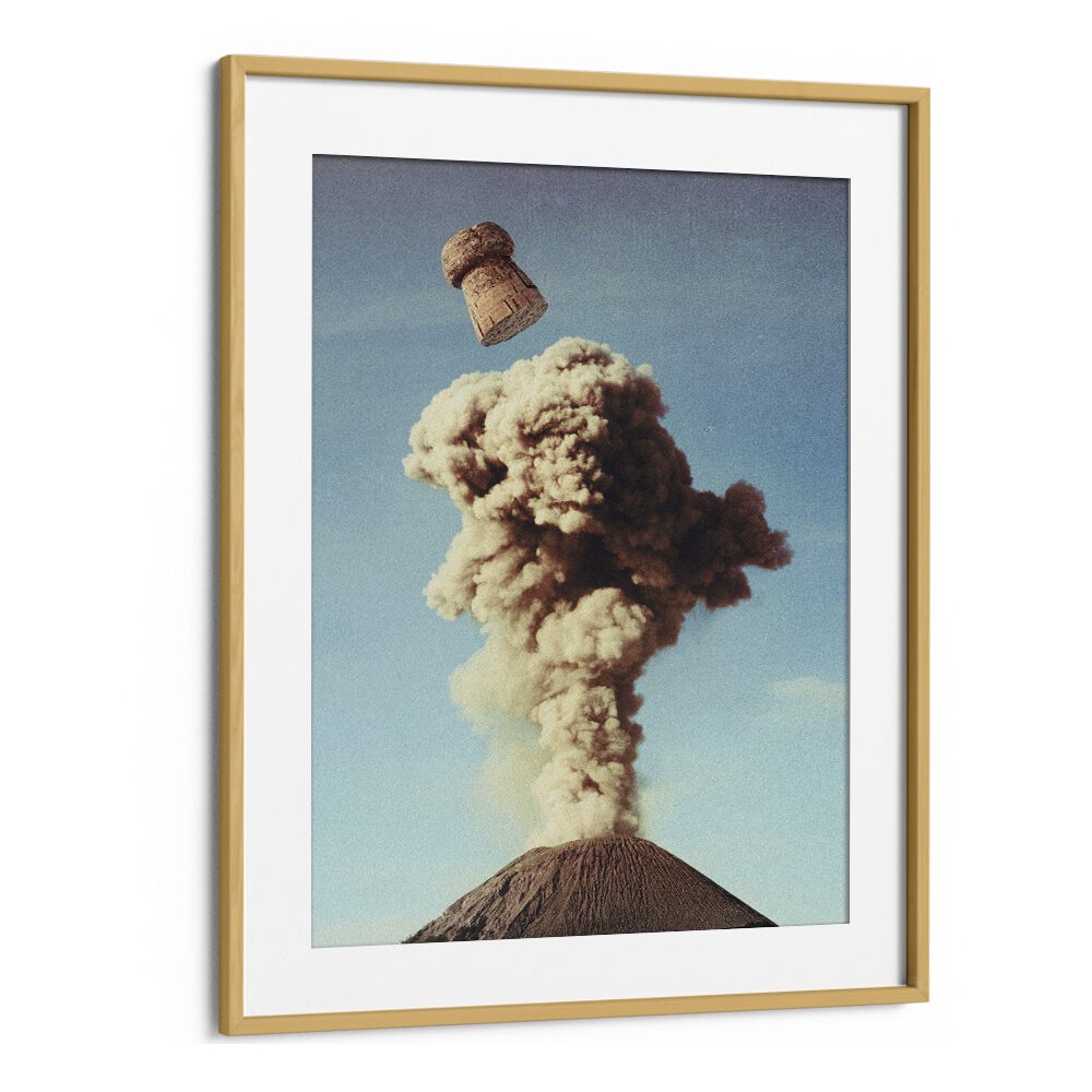 Surreal art print "VOLCANIC POP" captures a champagne cork amidst volcanic smoke, perfect for any room by Vertigo Artography.
