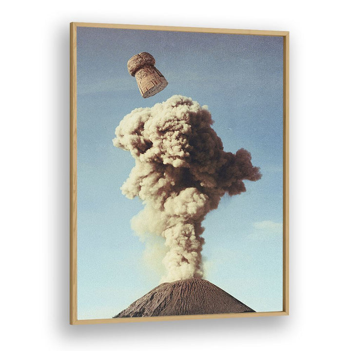 Surreal art print "VOLCANIC POP , SURREAL ART PRINTS" features a champagne cork soaring above a volcano, by Vertigo Artography.