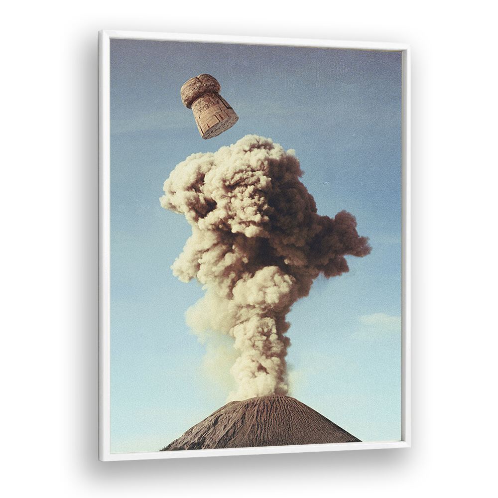 Surreal art print "VOLCANIC POP" captures a champagne cork amidst volcanic smoke, perfect for elevating any space.