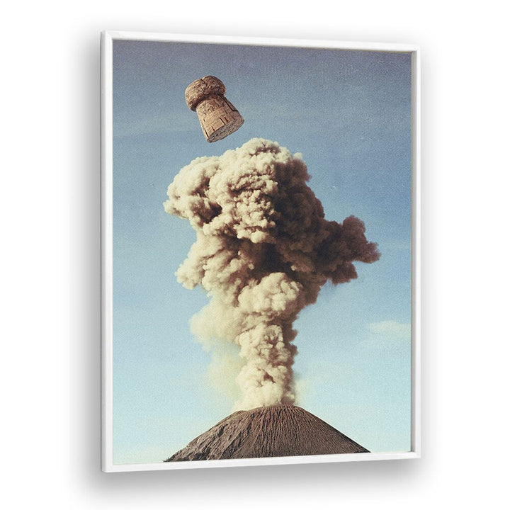 Surreal art print "VOLCANIC POP" captures a champagne cork amidst volcanic smoke, perfect for elevating any space.