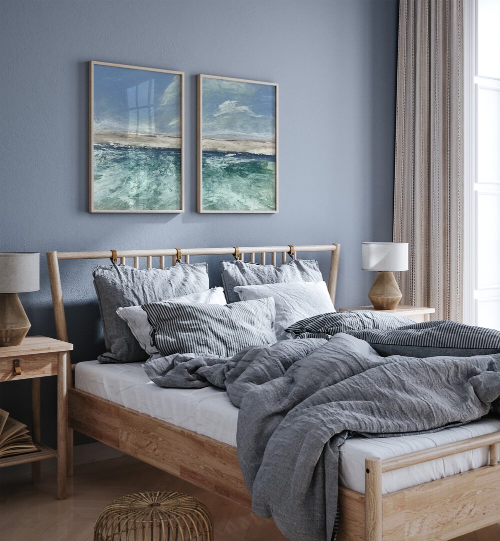 Transform your space with the VOYAGE SET, SET OF 2 PAINTINGS, featuring serene abstract seascapes in soothing blues.