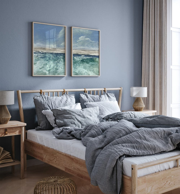 Transform your space with the VOYAGE SET, SET OF 2 PAINTINGS, featuring serene abstract seascapes in soothing blues.