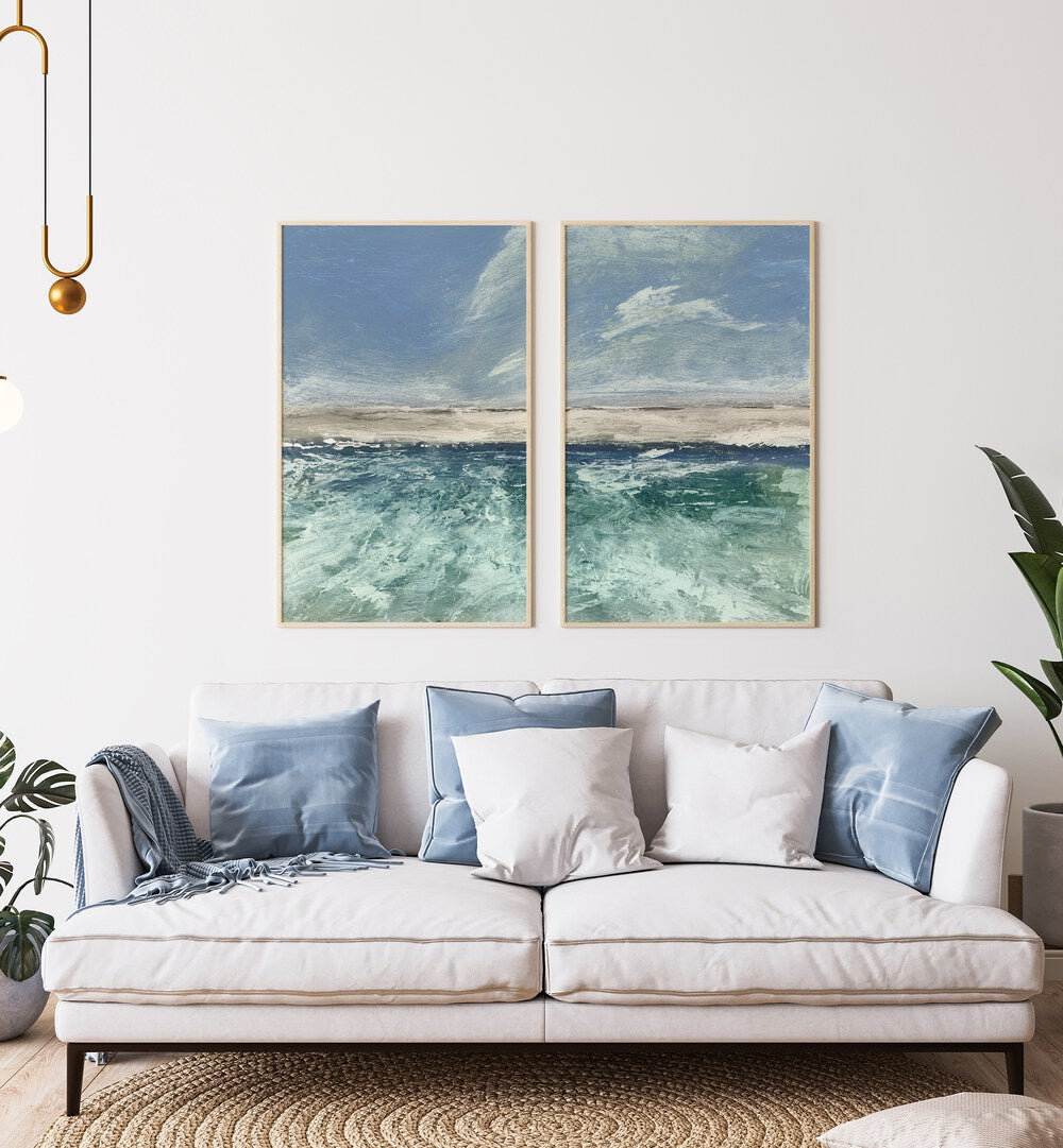 Transform your space with the VOYAGE SET, SET OF 2 PAINTINGS, showcasing serene abstract seascapes in soothing blues.