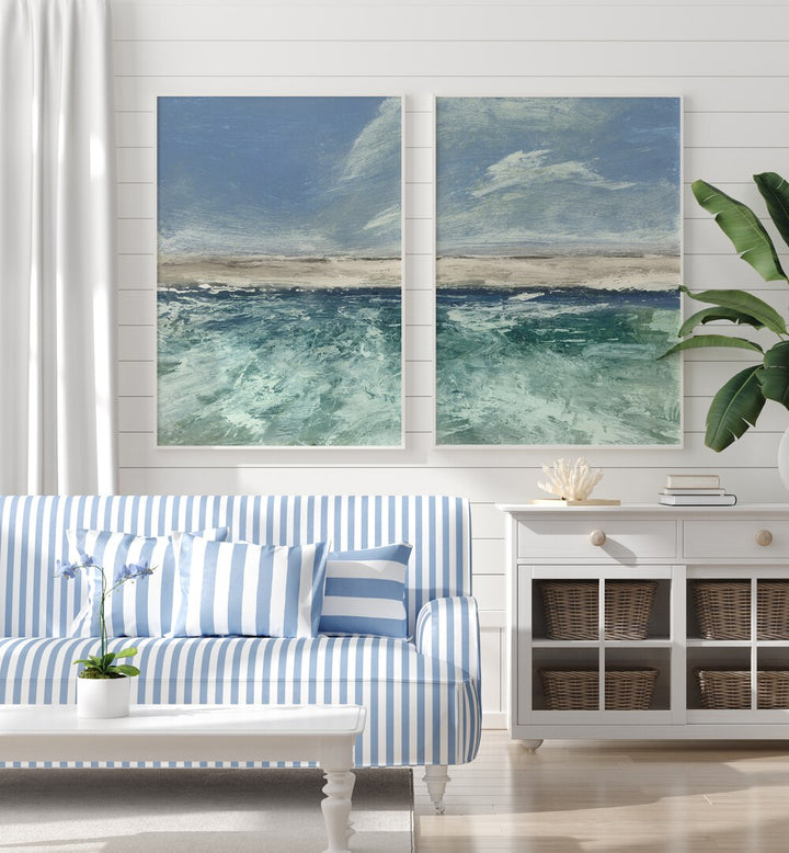 Elevate your home decor with the VOYAGE SET, SET OF 2 PAINTINGS featuring soothing abstract seascapes.