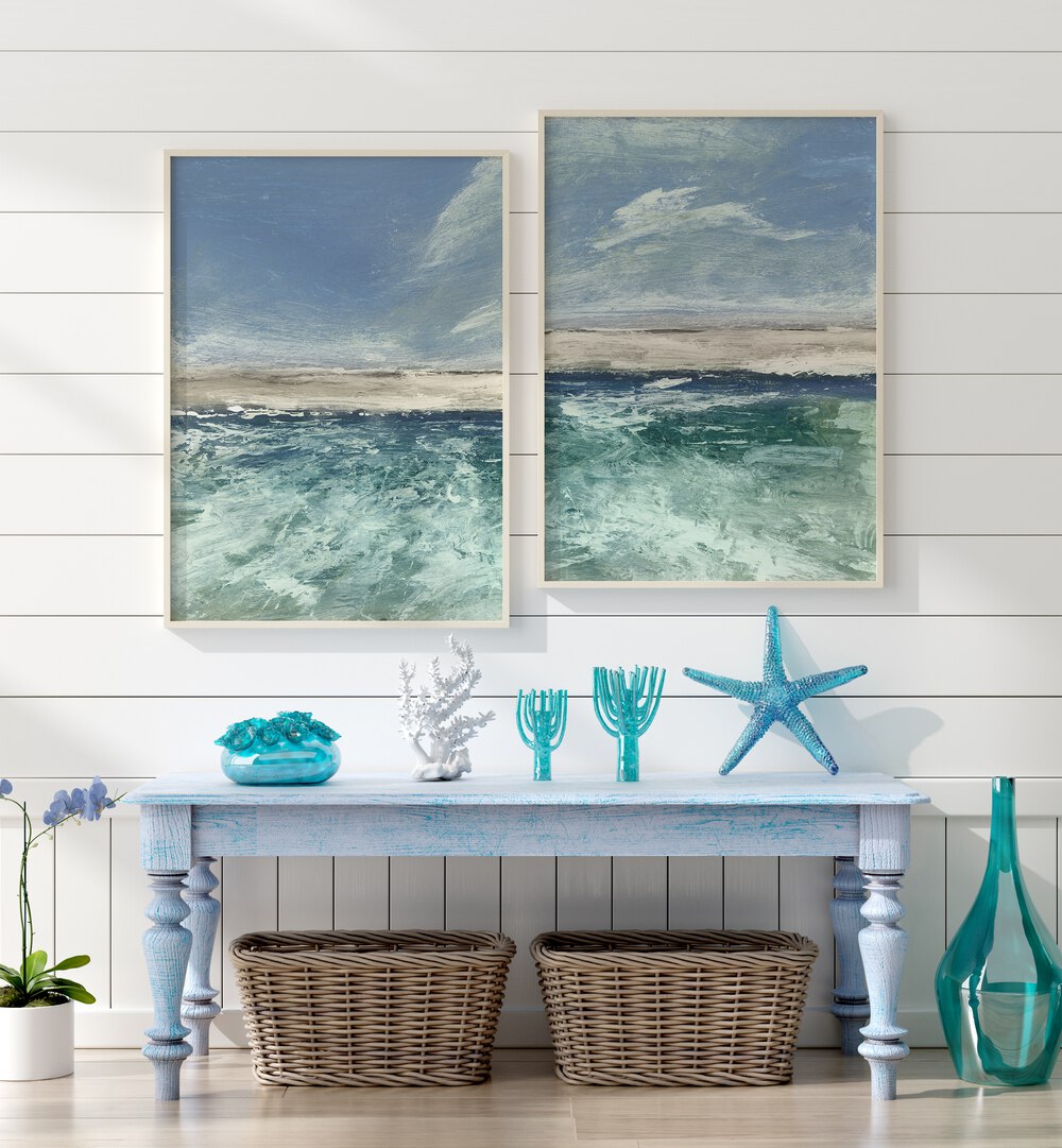 Elevate your decor with the VOYAGE SET, SET OF 2 PAINTINGS, featuring serene abstract seascapes in soothing blues.
