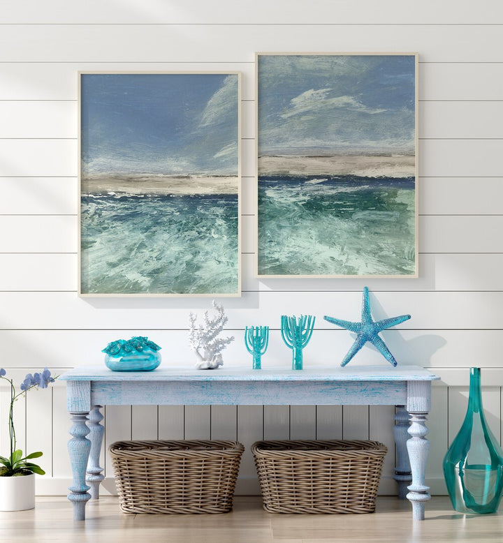 Elevate your decor with the VOYAGE SET, SET OF 2 PAINTINGS, featuring serene abstract seascapes in soothing blues.