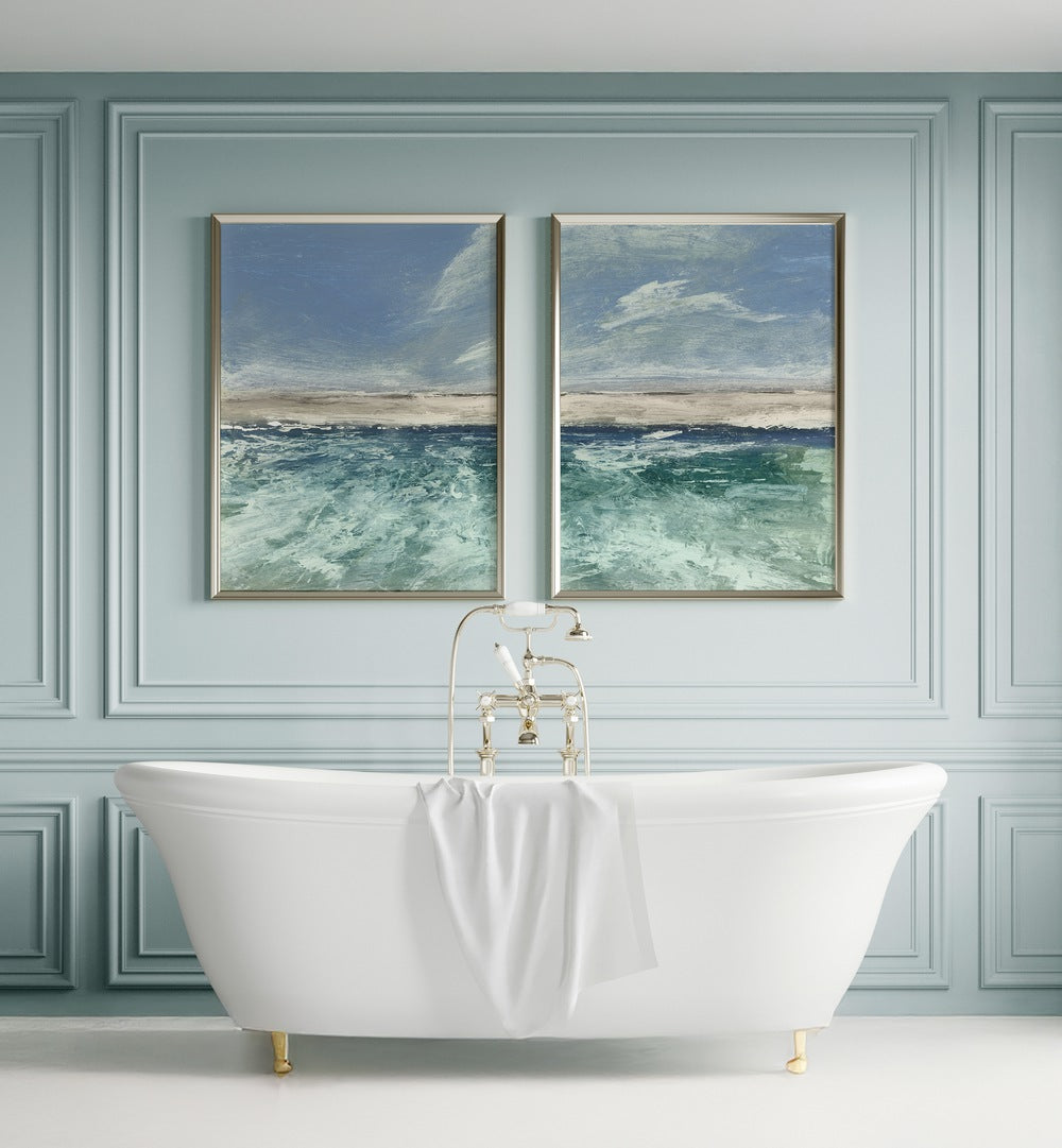 Transform your space with the VOYAGE SET, SET OF 2 PAINTINGS, showcasing serene abstract seascapes in soothing blues.