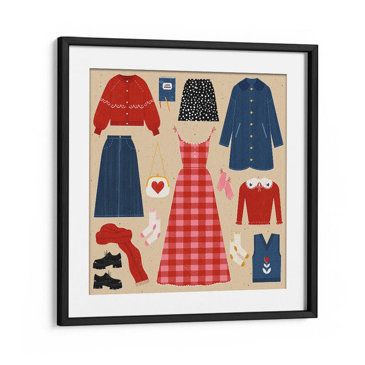 Stylish VALENTINES OUTFITS, FASHION POSTERS by Julia Leister showcase chic, modern illustrations in a black frame.