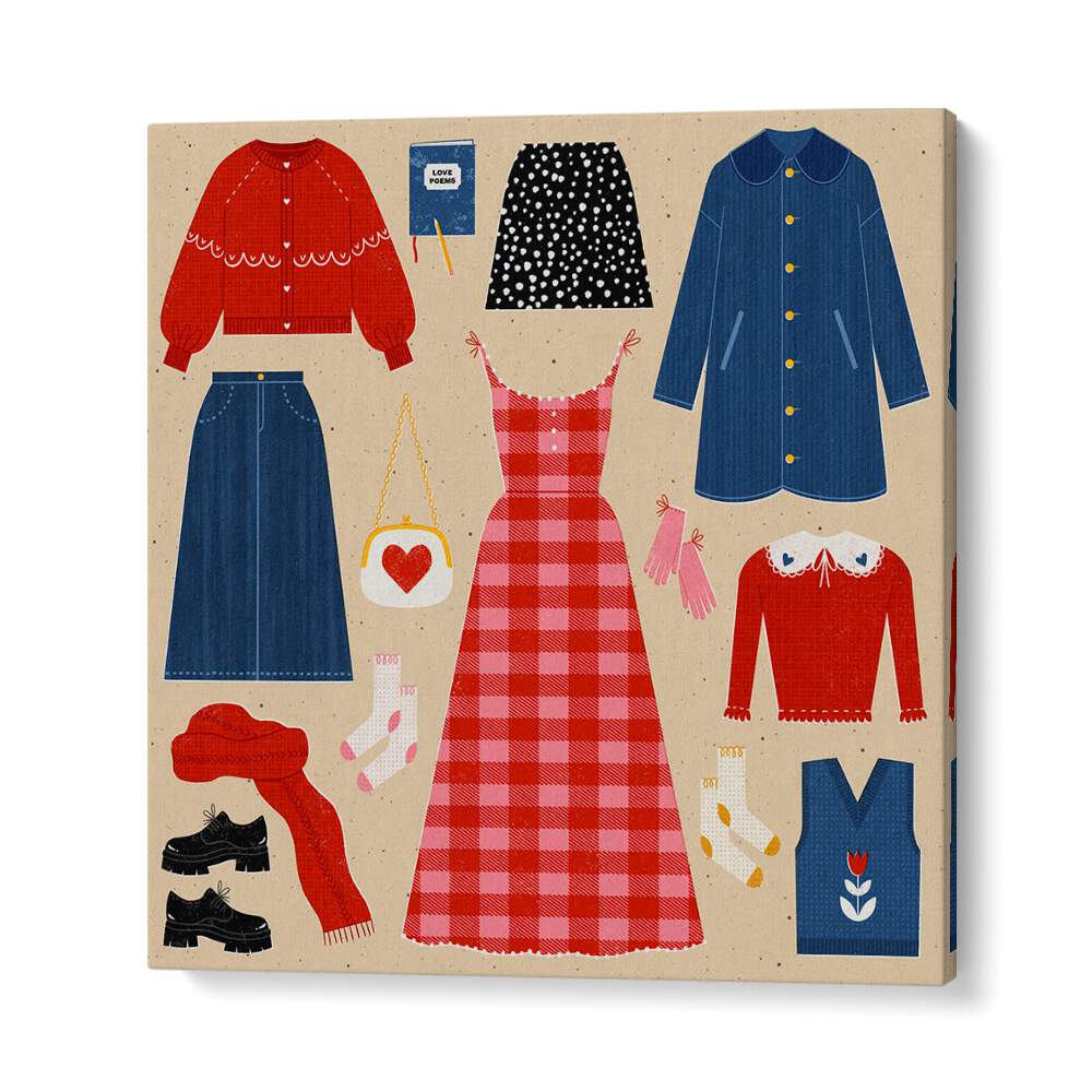 Colorful fashion illustration featuring VALENTINES OUTFITS, FASHION POSTERS by Julia Leister, perfect for seasonal decor.