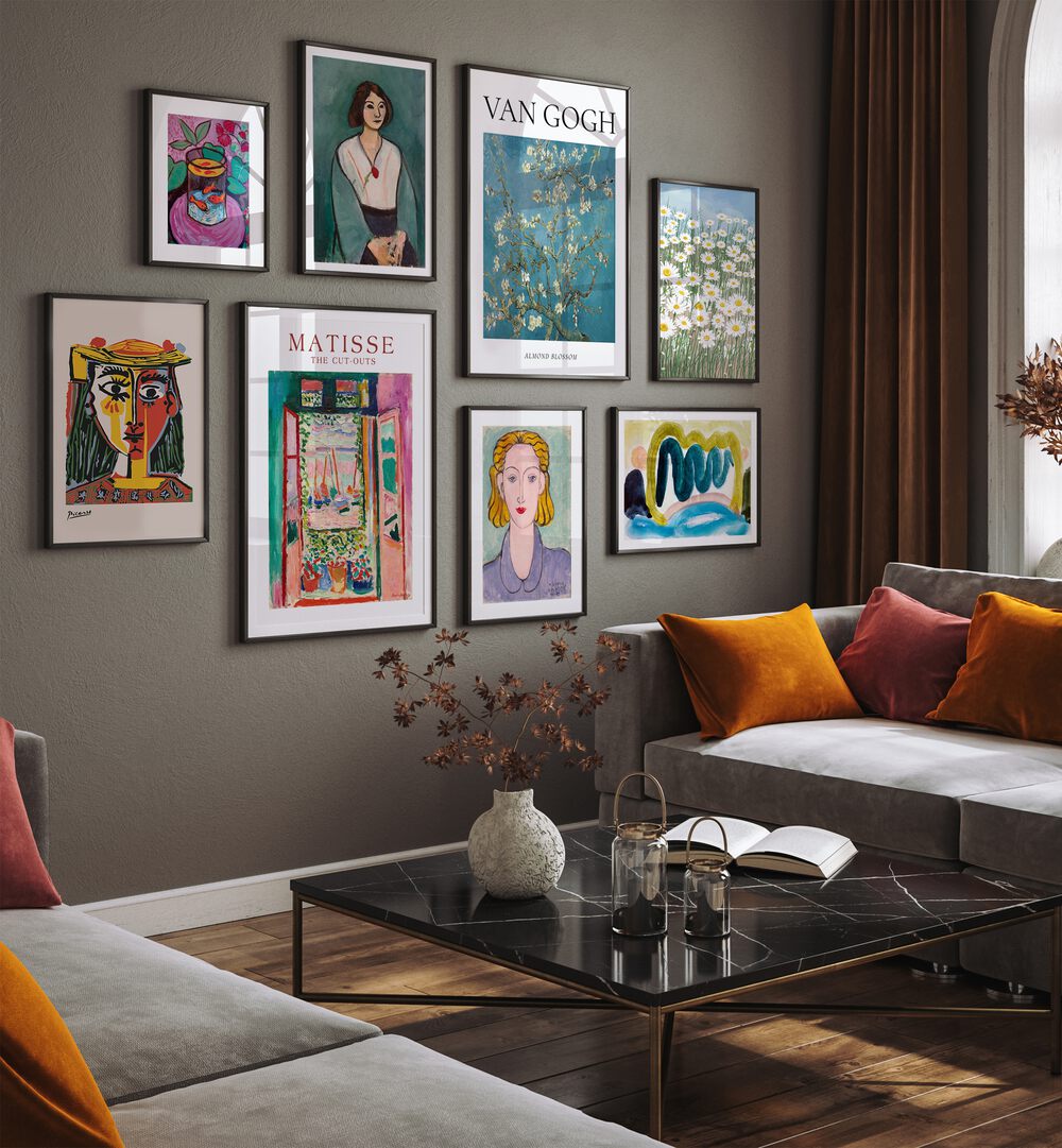 Stylishly arranged VAN GOGH SET GALLERY WALL, GALLERY WALLS featuring iconic art prints for elegant home decor.