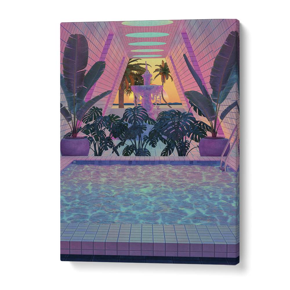 VAPOR POOL III, SURREAL ART PRINTS by Cosmo Zach, features a vibrant pool scene with lush greenery and a tranquil fountain.