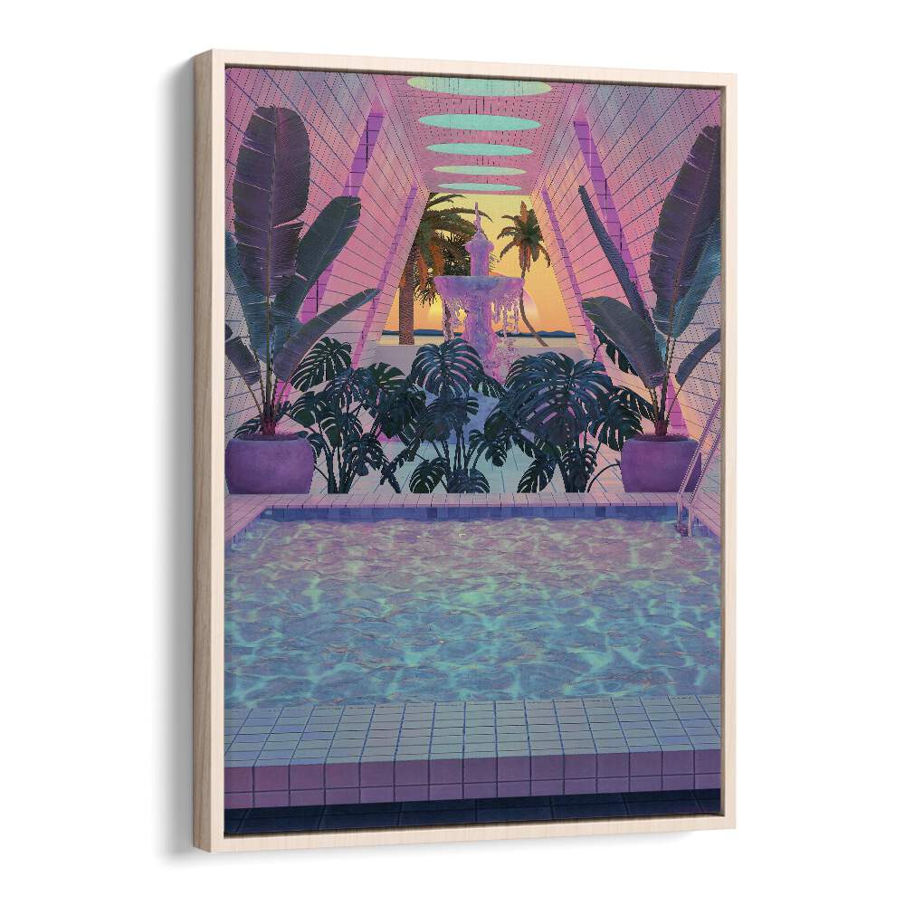 VAPOR POOL III, SURREAL ART PRINTS by Cosmo Zach captures a dreamy poolside scene with vibrant colors and lush greenery.