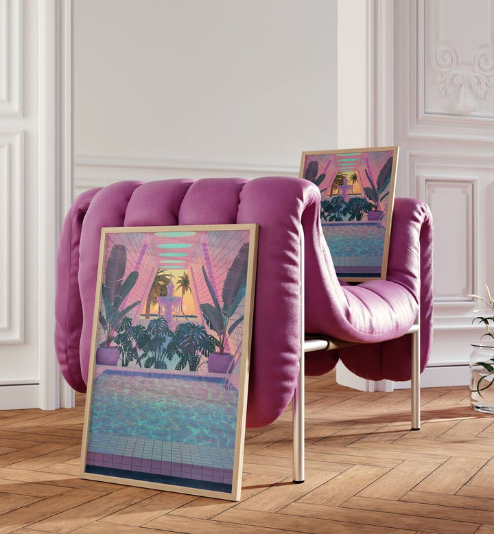 VAPOR POOL III, SURREAL ART PRINTS by Cosmo Zach displayed in a chic pink chair, adding dreamlike elegance to any space.