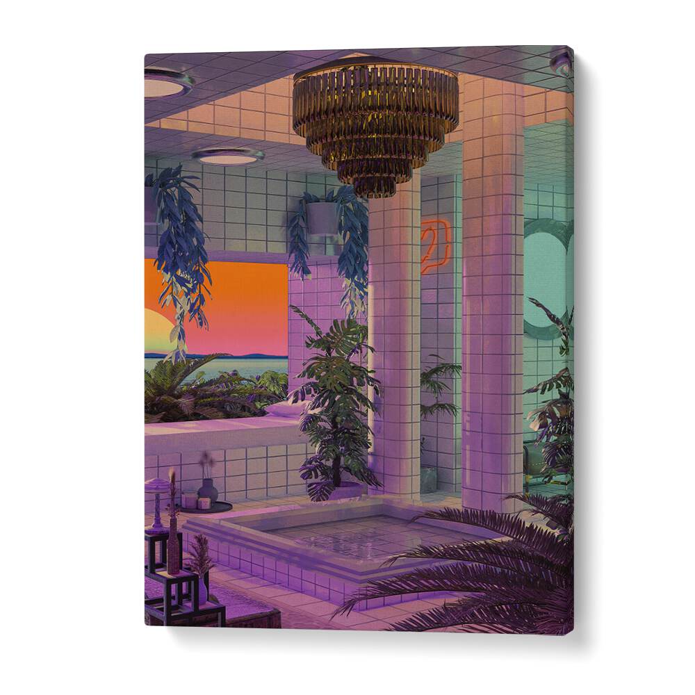 Vaporwave Pool, surreal art prints by Cosmo Zach, showcasing a vibrant, dreamy space with lush plants and sunset views.