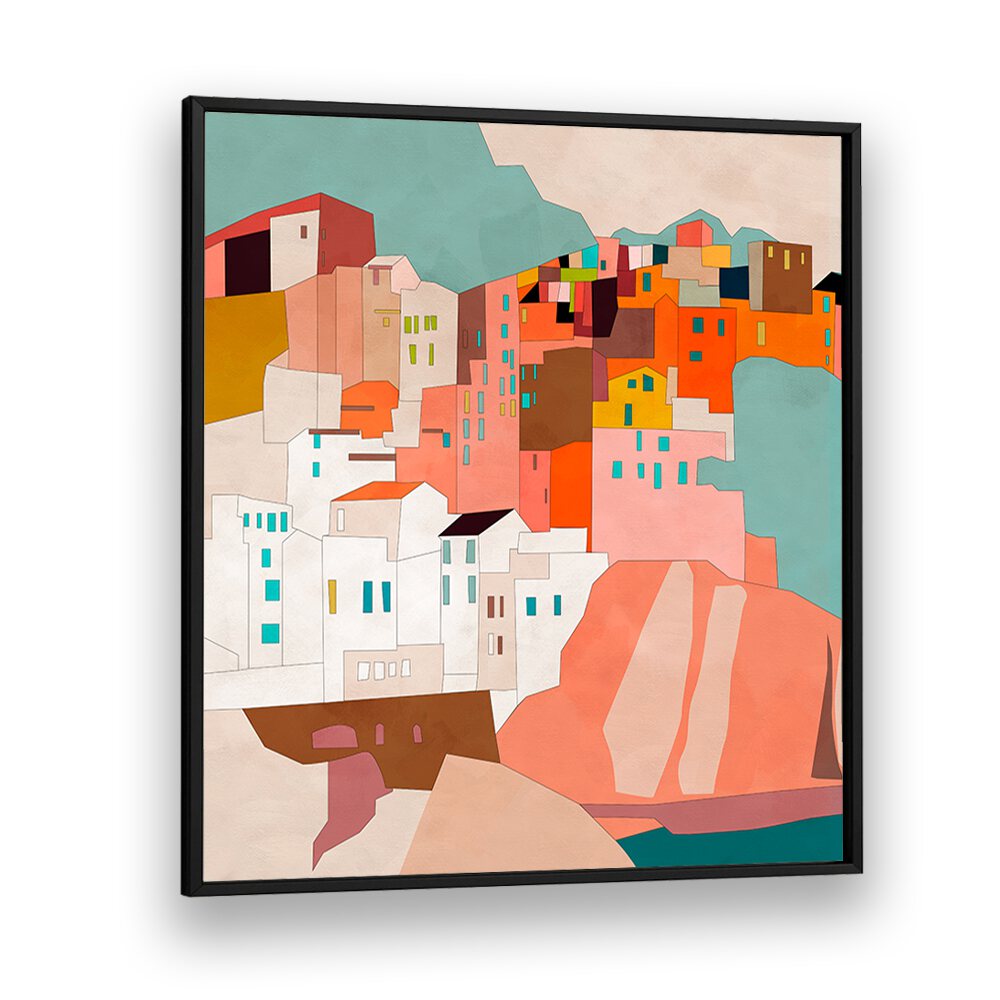 Colorful abstract depiction of coastal buildings in VERNAZA II, LANDSCAPE PAINTINGS by Ana Rut Bre. Perfect for any space.