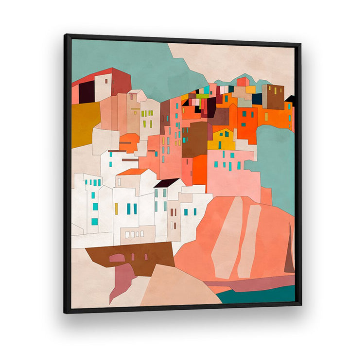Colorful abstract depiction of coastal buildings in VERNAZA II, LANDSCAPE PAINTINGS by Ana Rut Bre. Perfect for any space.
