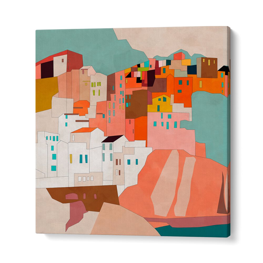 Vibrant colors in VERNAZA II, LANDSCAPE PAINTINGS by Ana Rut Bre capture serene coastal beauty for your space.