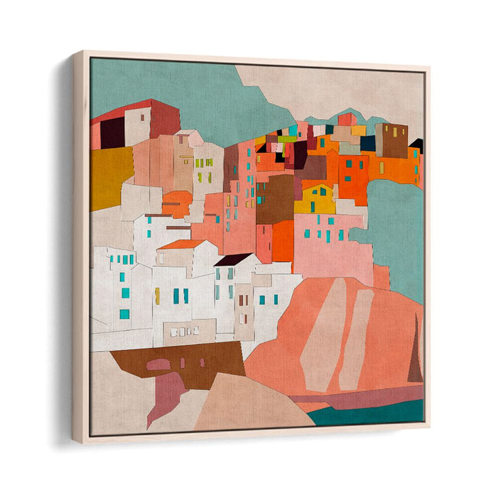 Colorful abstract landscape featuring charming buildings, perfect for enhancing any space with VERNAZA II, LANDSCAPE PAINTINGS.