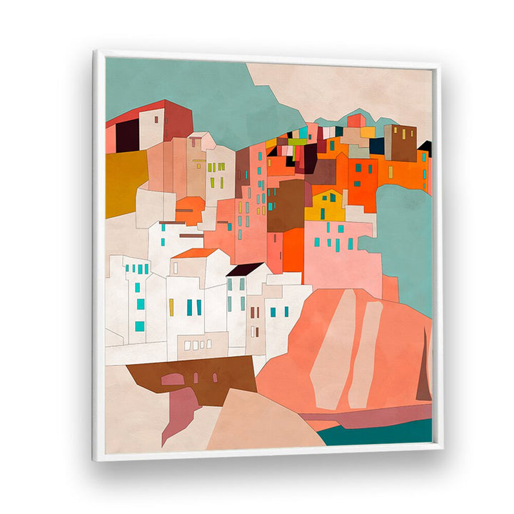 Colorful abstract depiction of coastal village in VERNAZA II, LANDSCAPE PAINTINGS by Ana Rut Bre, perfect for your art collection.