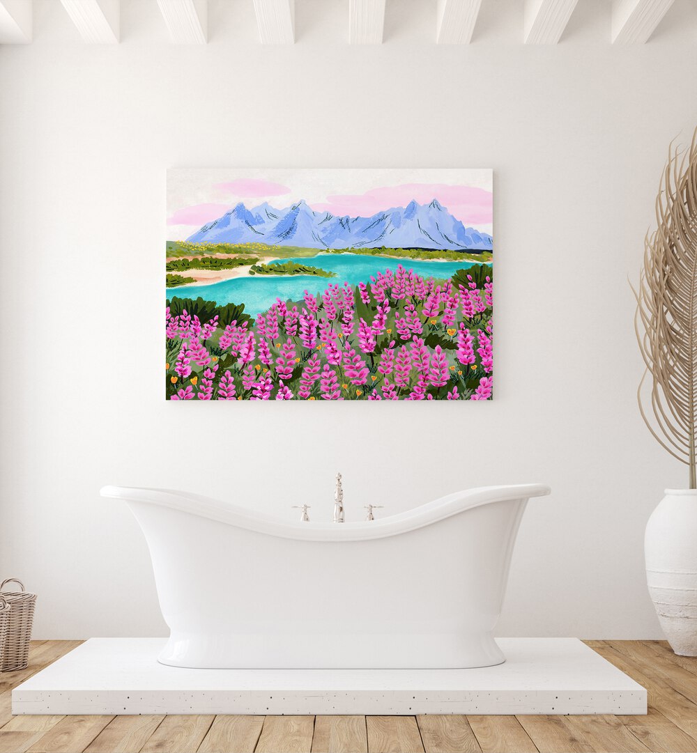 VESTRAHORN, LANDSCAPE PAINTINGS by Sarah Gesek, showcasing vibrant flowers and serene mountains, perfect for modern decor.
