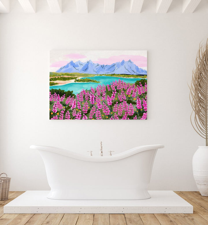 VESTRAHORN, LANDSCAPE PAINTINGS by Sarah Gesek, showcasing vibrant flowers and serene mountains, perfect for modern decor.