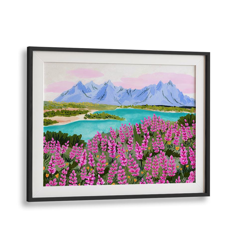 Vestrahorn landscape paintings by Sarah Gesek showcase vibrant flowers and serene mountains, perfect for elegant decor.