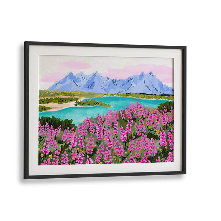 Vestrahorn landscape paintings by Sarah Gesek showcase vibrant flowers and serene mountains, perfect for elegant decor.