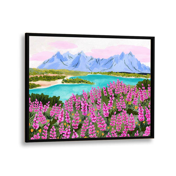 Vestrahorn, landscape paintings by Sarah Gesek showcase vibrant flowers and stunning mountains in a modern frame.