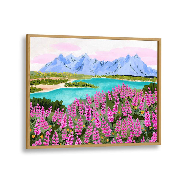 Vestrahorn, landscape paintings by Sarah Gesek, showcase vibrant flowers and stunning mountains in a framed art print.