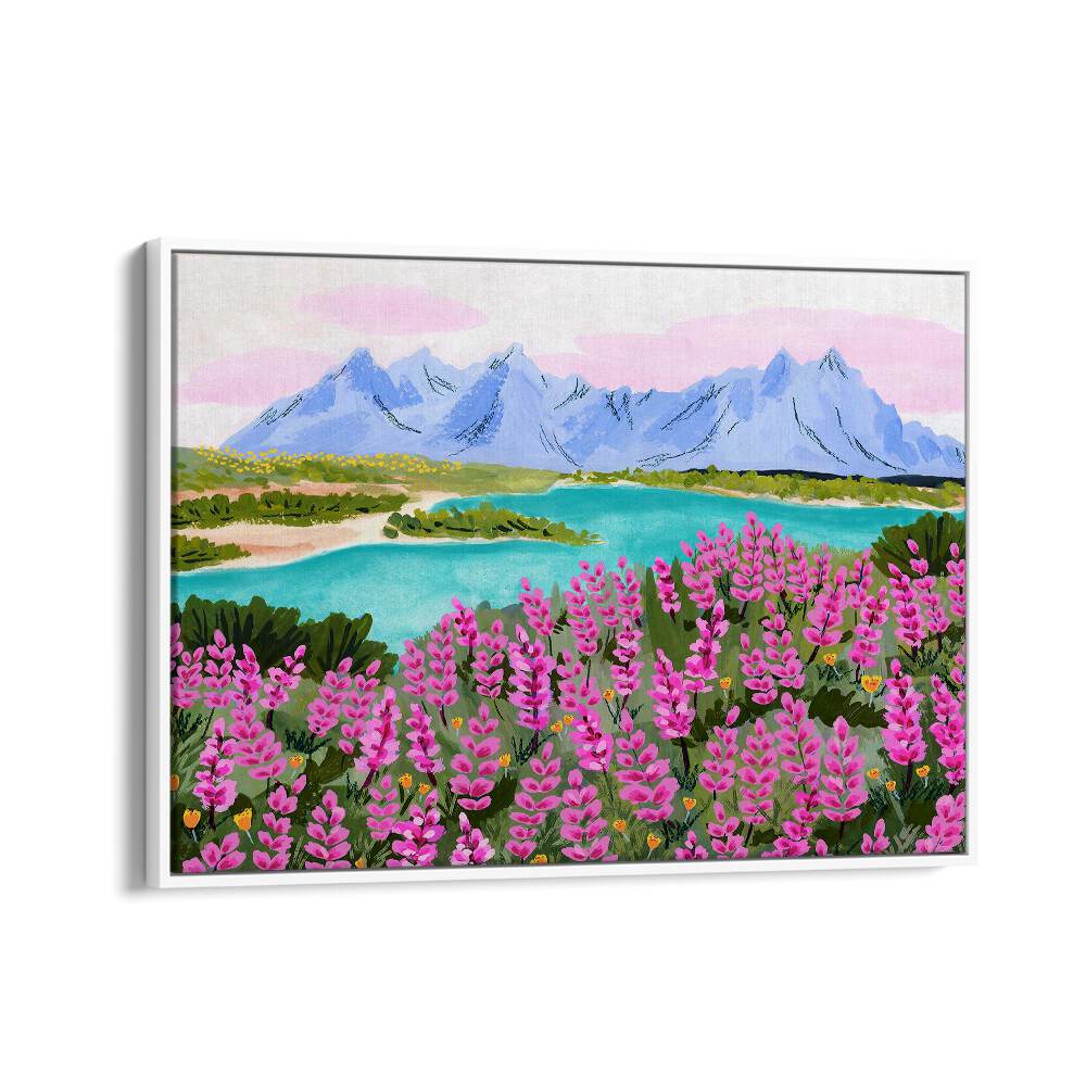 Vestrahorn landscape paintings by Sarah Gesek showcase vibrant blooms against stunning mountains and tranquil waters.