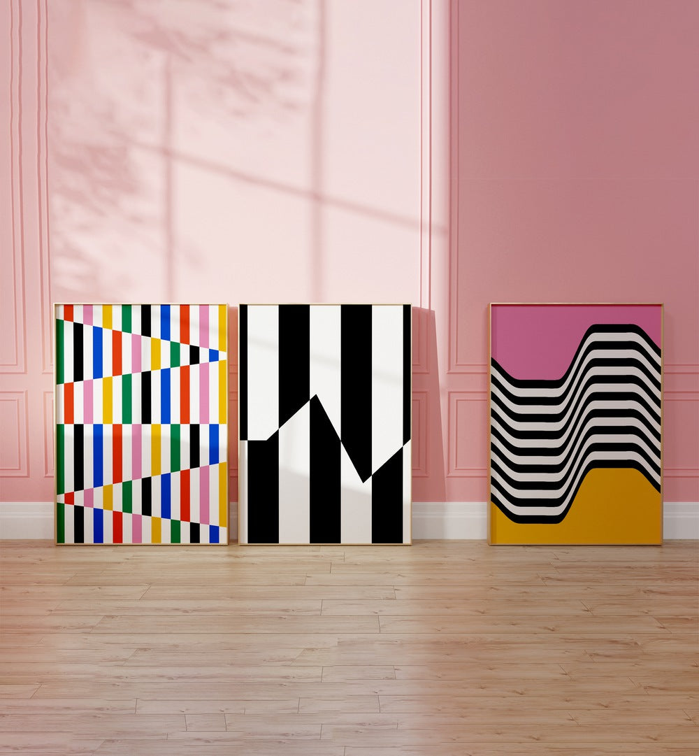 Brighten your space with the VIBRANT COLORS SET, SET OF 3 PAINTINGS featuring bold Bauhaus-inspired designs.