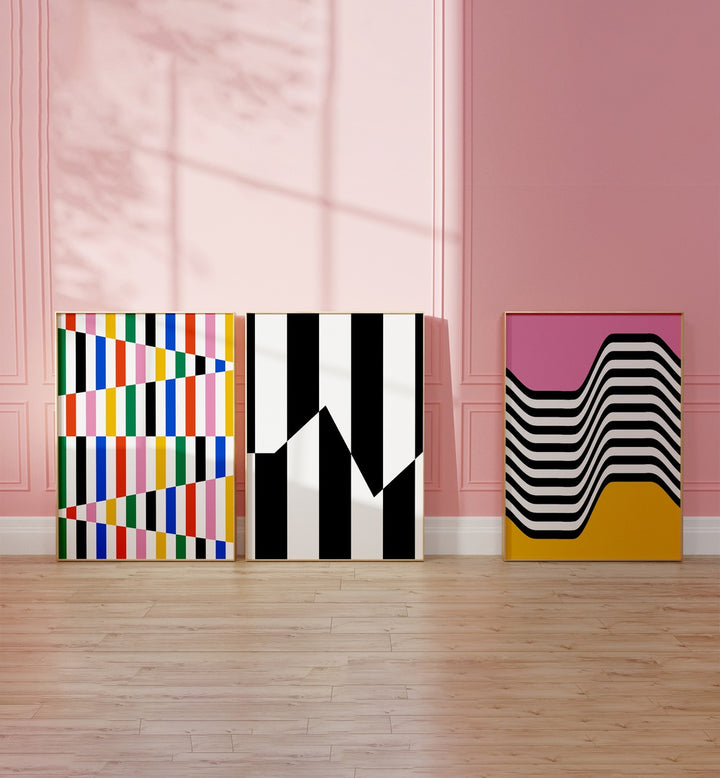Brighten your space with the VIBRANT COLORS SET, SET OF 3 PAINTINGS featuring bold Bauhaus-inspired designs.