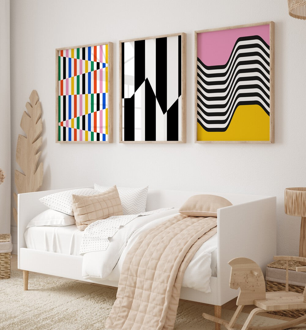 Transform your space with the VIBRANT COLORS SET, SET OF 3 PAINTINGS featuring bold Bauhaus-inspired designs.