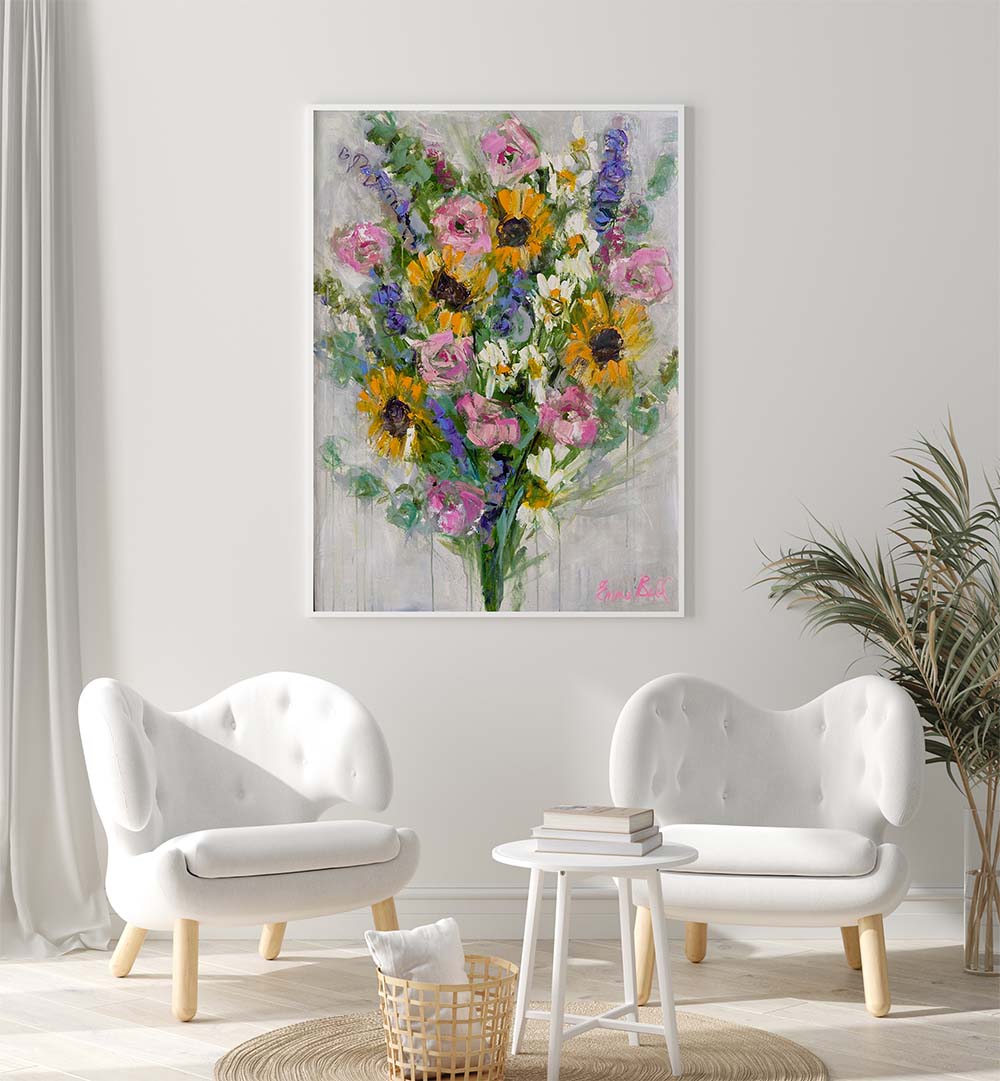 Vibrant Sunflowers Bouquet, floral flower paintings showcasing bold colors and abstract brushstrokes for stunning decor.