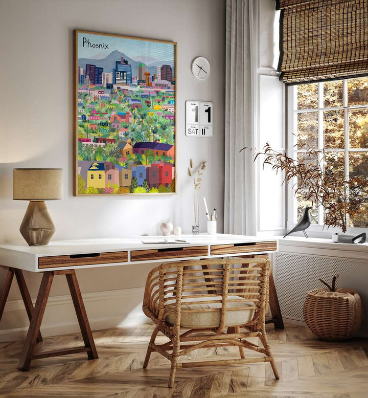 Colorful VIEW OVER PHOENIX ARIZONA ILLUSTRATED, TRAVEL POSTERS by Carla Daly enhances any space with vibrant cityscapes.